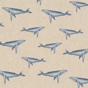 SALE Cotton Rich Linen Look Fabric Blue Whale Nautical Upholstery 140cm Wide - Picture 1 of 1