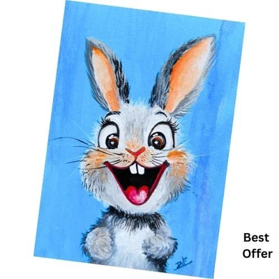 ACEO Original Conejo Animal Abstracto Mascota Lindo Acrílico Arte Tarjeta Pintura a Mano NUEVO Foto 1 de 4
