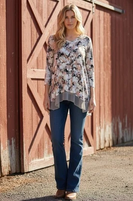 LOGO Lori Goldstein Túnica Top Mujer Grande Floral Artístico Lagenlook Dobladillo Mordedura de Tiburón Foto 1 de 4