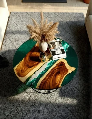 Handmade Live Edge Resin Dining Table – Green Ocean Coastal Decor - Image 1 of 4