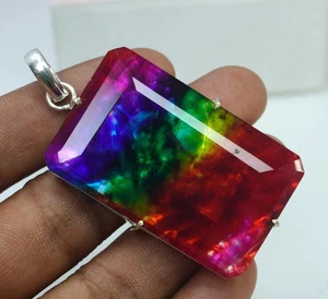 Certified 95.20 Ct Natural Ammolite 925 Solid Silver Pendant Loose Gemstone - Picture 1 of 5