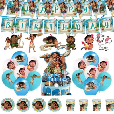 Moana Kids Birthday Party Tableware Plates Cups Decorations Banner Balloons - Image 1 of 4
