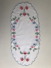 Embroidered Floral Scallop Edges Cotton Table Centre Piece 44cm x 25cm White