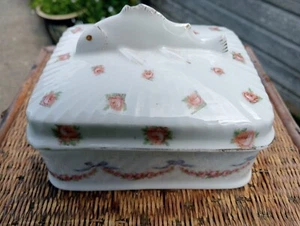Vintage Sardine Dish with Rose /Swags & Bow Transfers, Ribbed in Good Condition - Picture 1 of 9