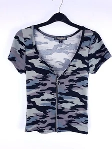 Camo Top Size M Zip Front Evening Party Casual Fitted Cropped Short Sleeve - Picture 1 of 6