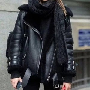 Women's Bomber Black B3 Aviator Flying Fur Shearling Real Leather Jacket Coat - Picture 1 of 4
