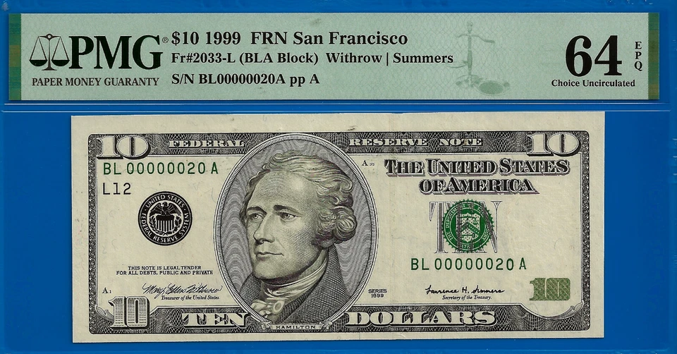 1999 $10 Federal Reserve Note PMG 64EPQ Birthday/Anniversary Low Fancy Serial - Image 1 of 2