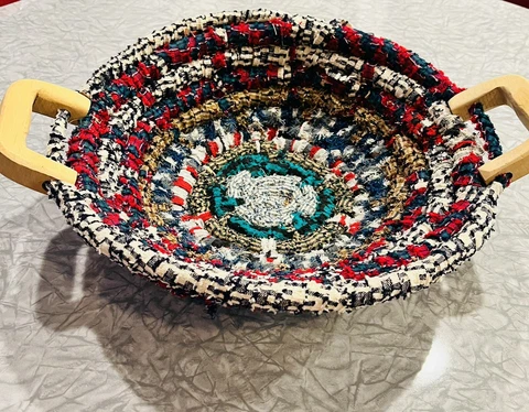 Vintage Rag Rug Round Basket Handmade Woven Multi-Color w/Wooden Handles 18" Cover