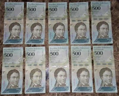 1/10 Bundle 10 pcs Bank Notes Venezuela 500 Bolivares Circulated 2007-2017 Cash - Image 1 of 2