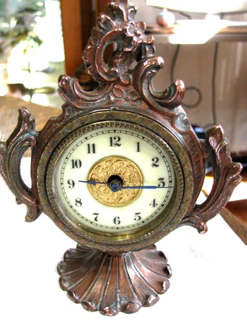 Antique Bronze Desk Clock-Art Nouveau-Celluloid Face-Works-Wind-up Cover