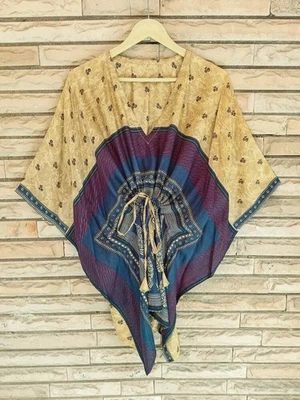 Pure Silk Short Kaftan Women Top Tunic Caftan Girls Robes Beige KFNS1236 - Image 1 of 4