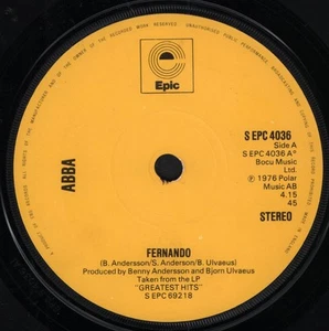 Abba Fernando 7" vinyl UK Epic 1976 solid yellow label design SEPC4036 - Imagen 1 de 2
