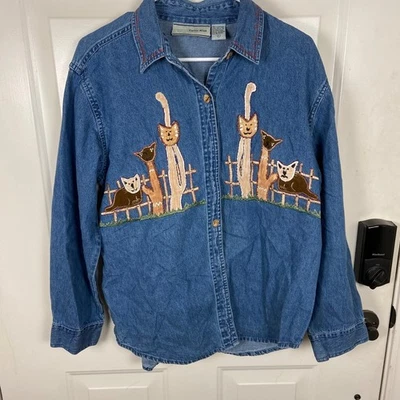 Carrie Allen Denim Shirt Embroidered Cats Button Down Long Sleeve Womens L - Image 1 of 4