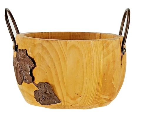 Pottery Barn  Hand Carved Wooden Pumpkin Basket w/ Metal Handle Cover