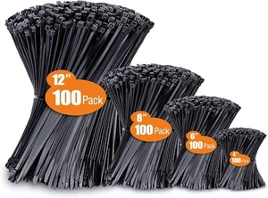 Zip Binder verschiedene Größen (4”+6”+8”+12”), 400 Stück, schwarze Kabelbinder, UV-beständig - Bild 1 von 7