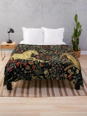 Medieval Unicorn Midnight Floral Throw Blanket,  Mythic Velveteen Plush Blanket - Image 1 of 4
