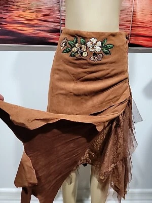 Alberto Makali (Size 6) Embroidered Suede Asymmetrical Boho Lace Layer Skirt #4 - Image 1 of 4
