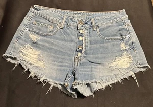American Eagle Damenshorts 6 hoch geschnitten Festival Knopfleiste abgenutzt hellblau - Bild 1 von 14