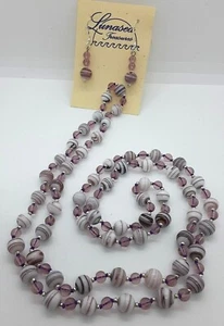 32" HAND KNOTTED (VINTAGE JAPAN) PURPLE SWIRL GLASS BEAD NECKLACE & EARRING SET - Picture 1 of 4