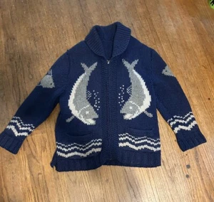 Vintage Unisex Mary Maxim Cowichan Chunky Wool Zip Fish Sweater Blue Gray VGC - Picture 1 of 18