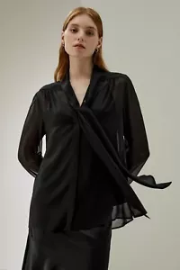 Camicetta LilySilk fiocco cravatta seta gelsomino nera taglia grande - Foto 1 di 7