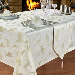 LARGE STAG CREAM TABLE CLOTHS METALLIC GOLD DEER REINDEER XMAS NATURAL YELLOW - Picture 1 of 5