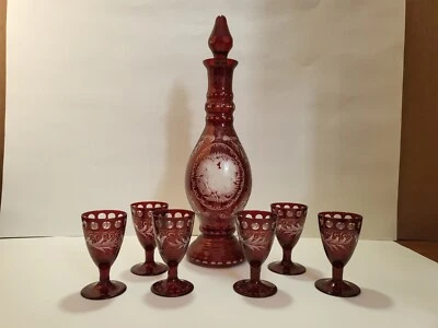 Vintage Bohemian Ruby Red Cut to Clear 16 Ounce Decanter with 6 Cordial Glasses - Image 1 of 3