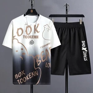 Conjunto de 2 piezas de traje corto de seda helada de moda de verano para hombre - Imagen 1 de 8