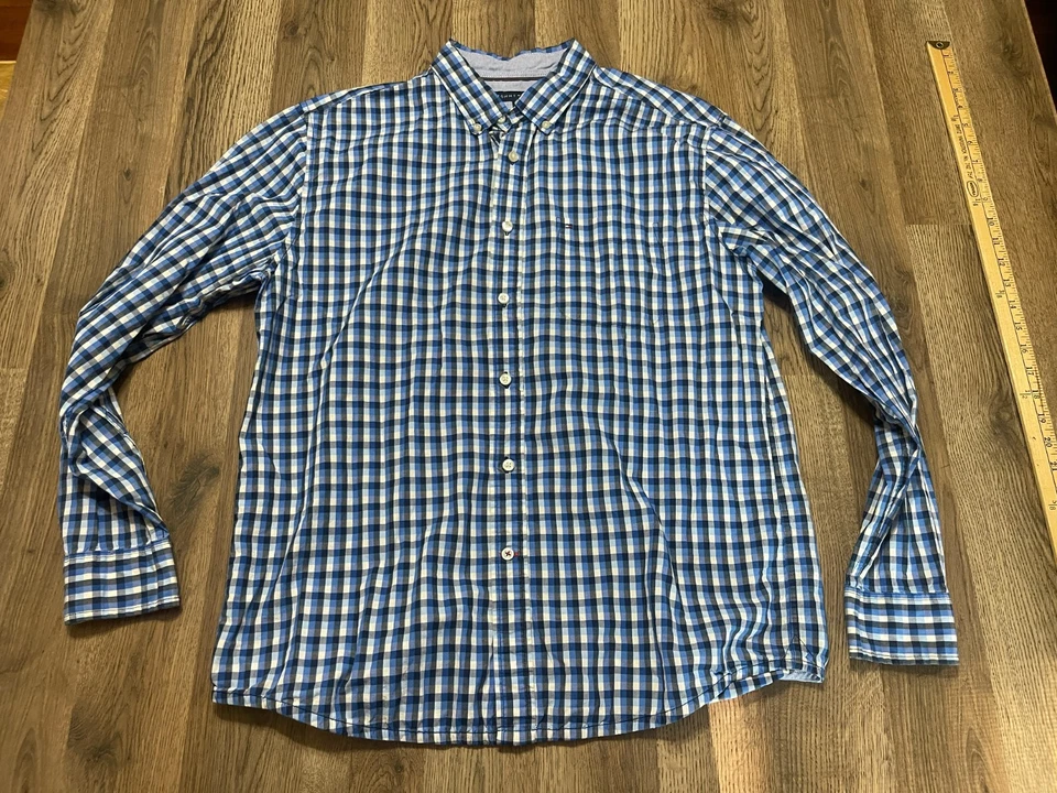 Camisa Tommy Hilfiger, Masculina Tamanho Grande, Preta Azul Xadrez Ajuste Clássico Botão para Baixo - Imagem 1 de 4