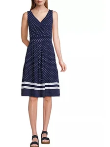 Lands’ End Fit & Flare Dress Women’s L 14-16 Navy Blue Polka Dot Nautical - Picture 1 of 8