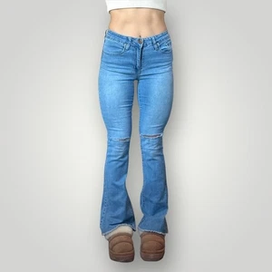 Y2K Light Wash Flare Denim Jeans Damen Mid-Rise Distressed Grunge Preppy Frayed - Bild 1 von 9