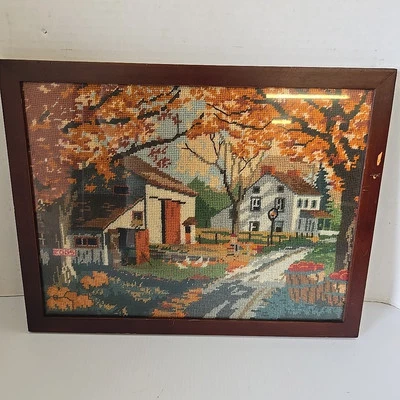 Finished Needlepoint  Autumn Lane 1988 Mildred Kratz Framed  Farmhouse Barn Eggs - Image 1 of 4