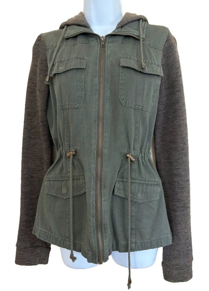 Tillys Full Tilt Hooded Military Green Utility Jacket Size S Fleece Lined Y2K - Image 1 of 4