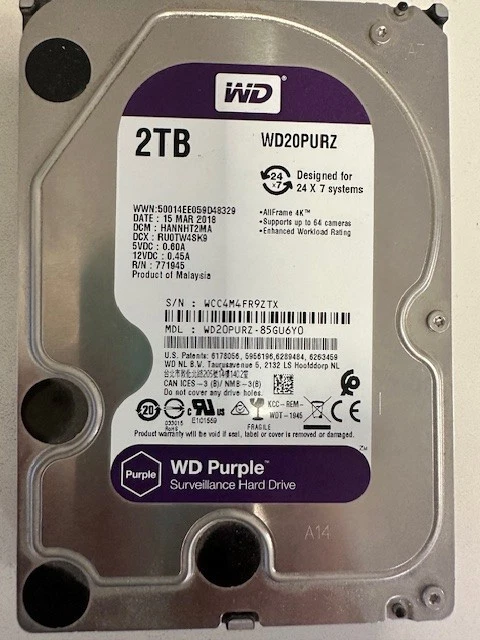 WD Purple WD20PURZ  2TB WD Purple Surveillance Internal Hard Drive - USED - Image 1 of 1