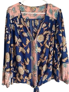 Democracy Blue/Multicolor Floral Tie-Front Blouse button front Size Medium - Picture 1 of 18