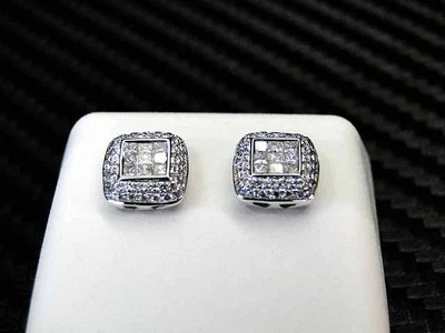 Diamond Studs Earring 14K White Gold Princess Cut Invisible Set 0.61Cts Unisex - Image 1 of 4