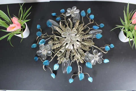 Vintage mid century DAisy flower blue glass leaf flush mount lamp attr bagues Cover
