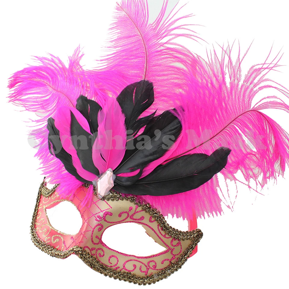 Venetian Masquerade Mask w/Ostrich Feathers 5+ Colors to pick up Prom Halloween  - Image 1 of 1