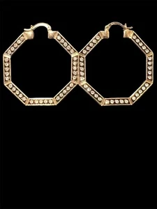 1.5" BO Gold Tone Hoop Earrings Black Enamel with Rhinestones - Picture 1 of 5