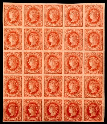 Sellos España 1864 nº 64 4 cuartos rojo s.salmon bloque 25 unidades ref. A1 - Imagen 1 de 2