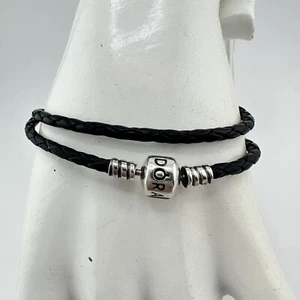 Pandora 925 Sterling Silver Black Braided Leather Wrap Charm 15” Bracelet - Picture 1 of 8