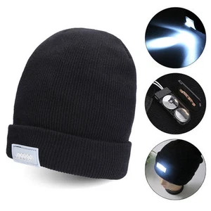 Black 5 LED Lighted Cap Winter Warm Beanie Sports Camping Fishing Hats - Picture 1 of 15