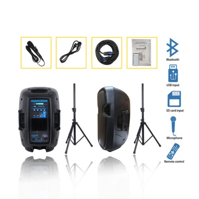 Dual 12" PA Active Speakers System 2000W Powered USB BT Audio Speaker Stands  - Image 1 of 4