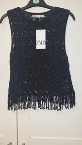 BNWT Zara Black Crochet Knit Top Jumper Glitter Fringe Hem Boho Hippy L LARGE - Picture 1 of 12
