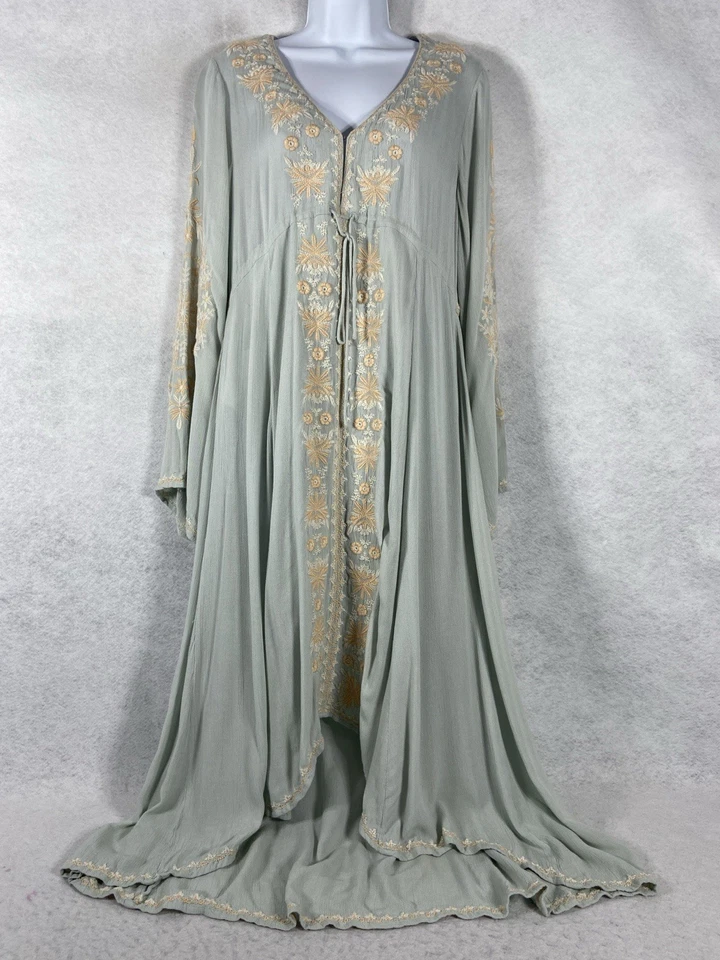Maxi Vestido Free People Pequeño Verde Cintura Alta Bordado Manga Campana Boho Foto 1 de 4