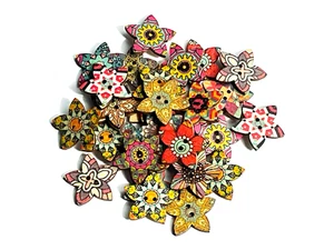 Flower Shaped Wood Buttons Flat Back Painted on Front Lightweight Sewing Buttons - Picture 1 of 5