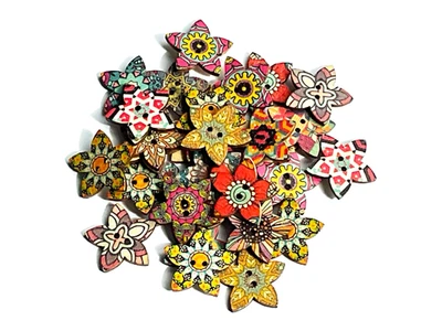 Flower Shaped Wood Buttons Flat Back Painted on Front Lightweight Sewing Buttons - Image 1 of 4