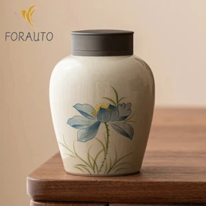 Carrito de té de loto azul pintado a mano gris planta tarro sellado tarro de almacenamiento de té para el hogar - Imagen 1 de 2