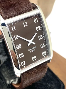 Tom Ford Men's Watch TF0120193180 Swiss Quartz Rectangle Tank Brown Leather Band - Picture 1 of 14