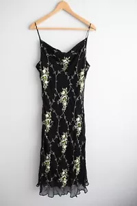 Vintage Monica Slip Dress Womens 12 Black Embroidered Floral Sequins 90s Y2K - Picture 1 of 18